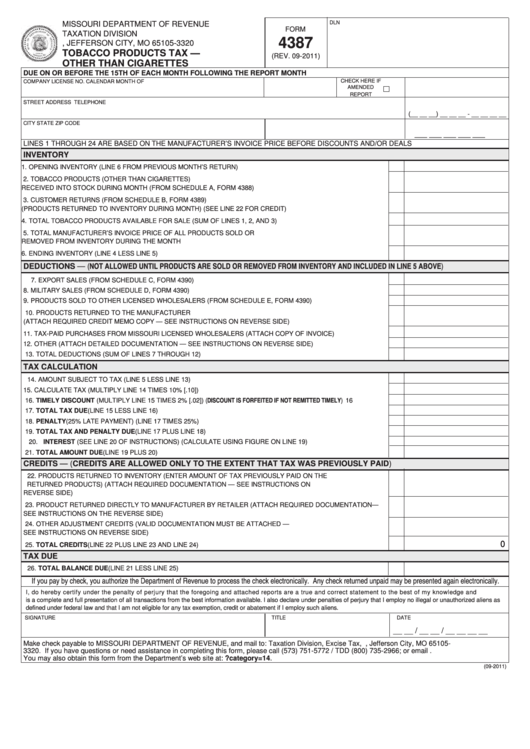 Fillable Form 4387 - Tobacco Products Tax - Other Than Cigarettes Printable pdf