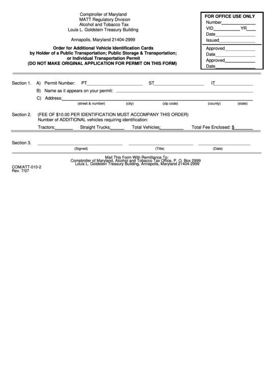 Fillable Form Com/att-010-2 - Order For Additional Vehicle Identification Cards By Holder Of A Public Transportation; Public Storage & Transportation; Or Individual Transportation Permit Printable pdf