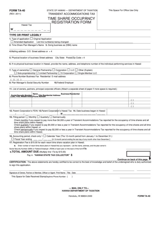 Form Ta-40 - Time Share Occupancy Registration Form