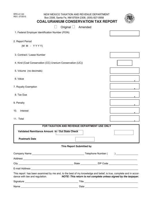 Fillable Form Rpd-41120 - Coal/uranium Conservation Tax Report Printable pdf