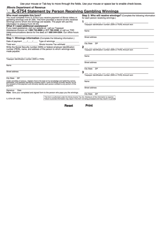 Fillable Form Il-5754 - Statement By Person Receiving Gambling Winnings Printable pdf