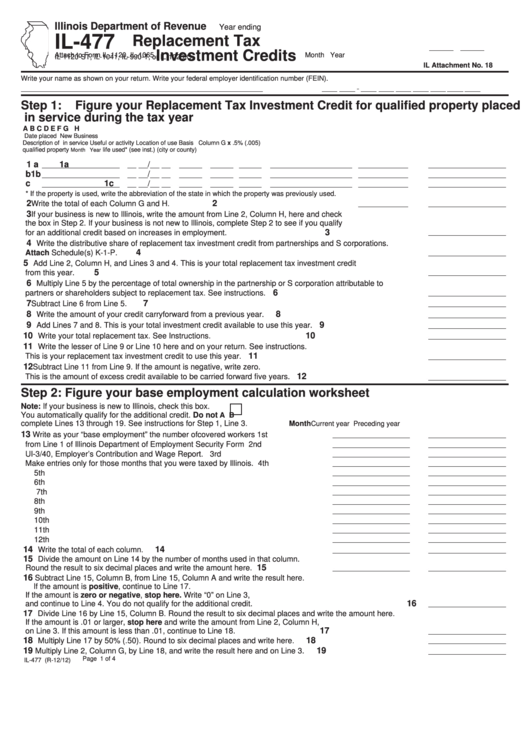 Form Il-477 - Replacement Tax Investment Credits Printable pdf