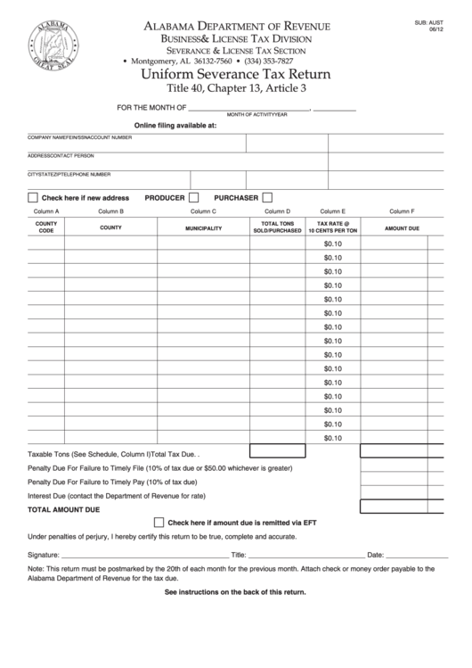 Uniform Severance Tax Return - Alabama Department Of Revenue Printable pdf