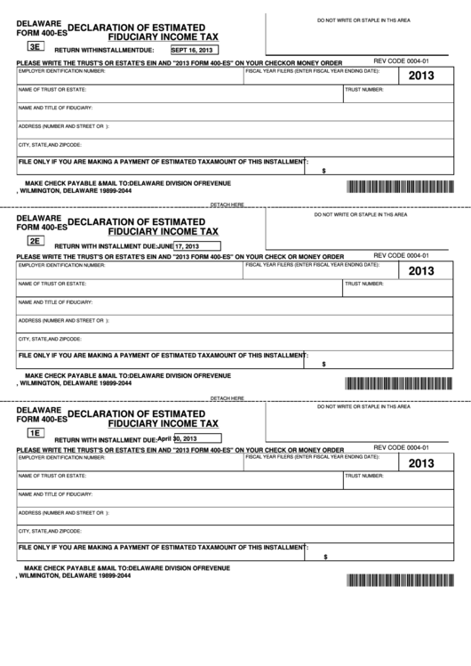 Fillable Delaware Form 400-Es - Declaration Of Estimated Fiduciary Income Tax - 2013 Printable pdf