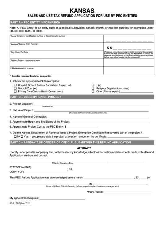 Form St-21pec - Sales And Use Tax Refund Application For Use By Pec Entities Printable pdf