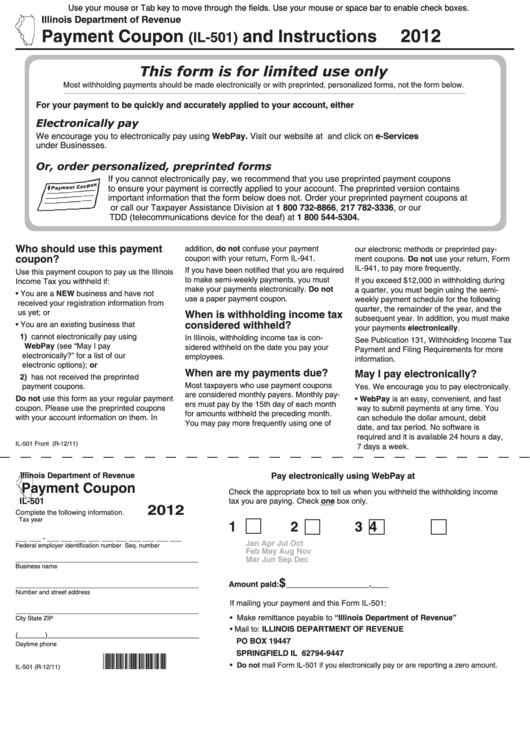 Fillable Form Il-501 - Payment Coupon - 2012 Printable pdf
