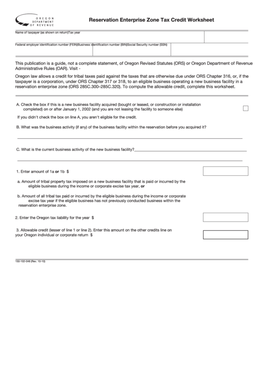 Fillable Form 150-102-046 - Reservation Enterprise Zone Tax Credit Worksheet Printable pdf