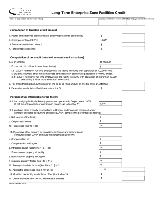 Fillable Form 150-102-043 - Long-Term Enterprise Zone Facilities Credit Printable pdf