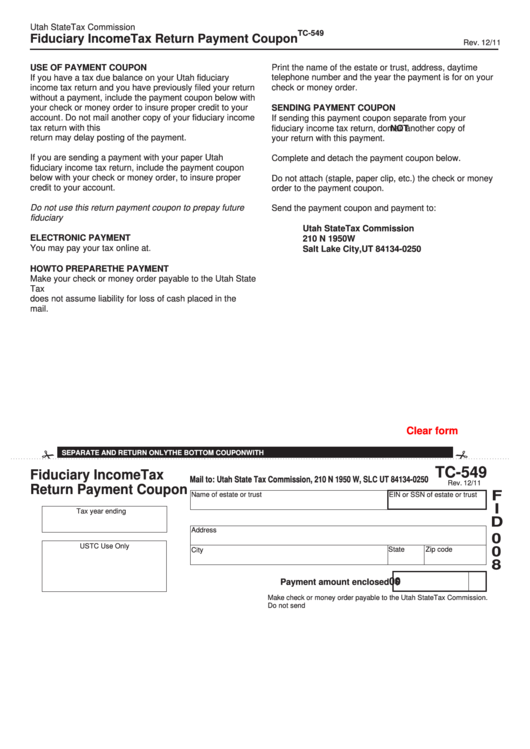 Fillable Form Tc-549 - Fiduciary Income Tax Return Payment Coupon Printable pdf