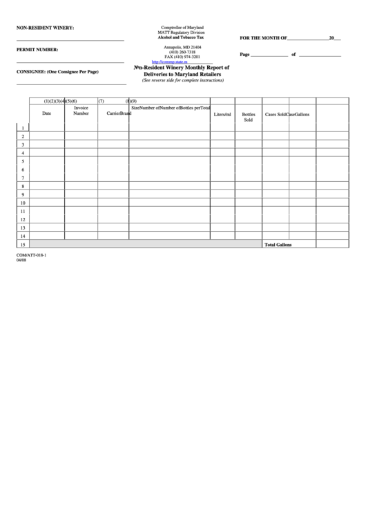 Fillable Form Com/att-018-1 - Non-Resident Winery Monthly Report Of Deliveries To Maryland Retailers Printable pdf