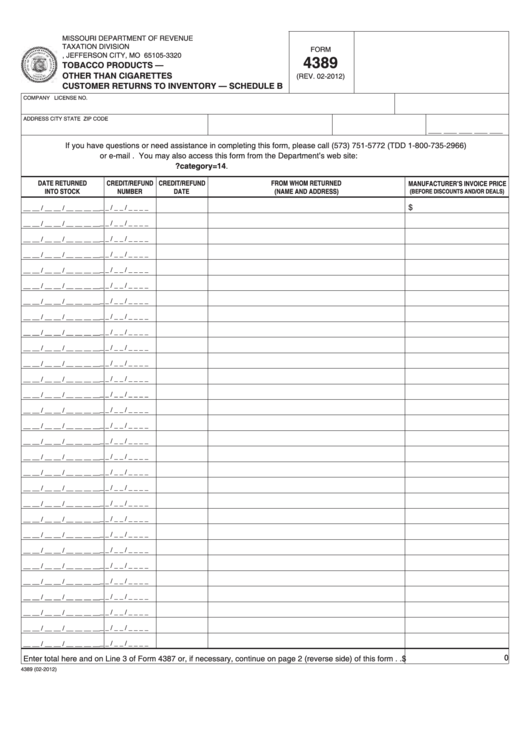 Fillable Schedule B (Form 4389) - Tobacco Products - Other Than Cigarettes Customer Returns To Inventory Printable pdf