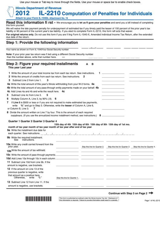 Fillable Form Il-2210 - Computation Of Penalties For Individuals - 2012 Printable pdf
