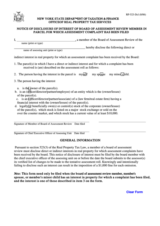 Fillable Form Rp-523-Dcl - Notice Of Disclosure Of Interest Of Board Of Assessment Review Member In Parcel For Which Assessment Complaint Has Been Filed Printable pdf