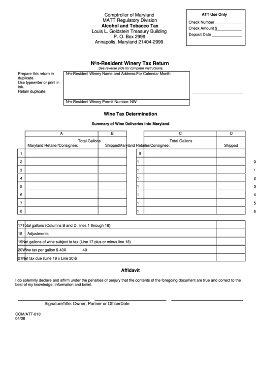 Fillable Form Com/att-018 - Non-Resident Winery Tax Return Printable pdf