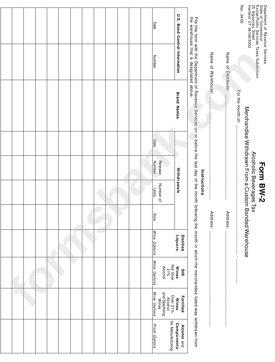 Form Bw-2 - Alcoholic Beverages Tax Merchandise Withdrawn From A Custom Bonded Warehouse