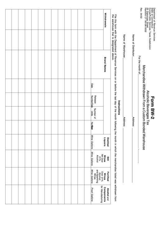 Form Bw-2 - Alcoholic Beverages Tax Merchandise Withdrawn From A Custom Bonded Warehouse Printable pdf