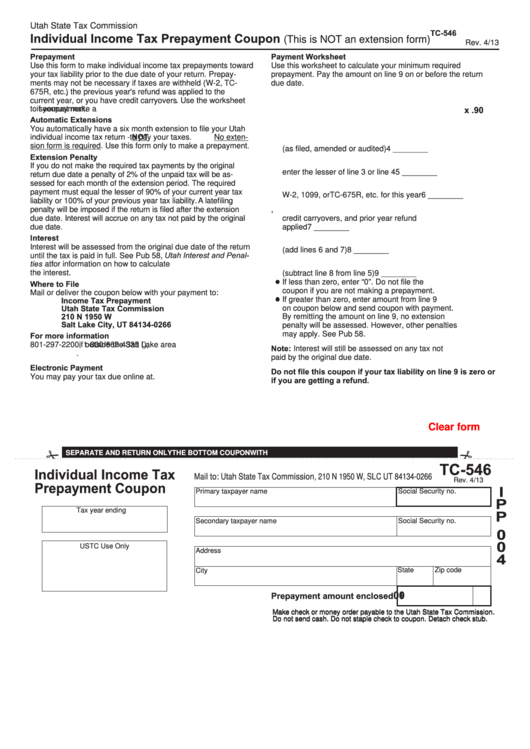 Fillable Form Tc-546 - Individual Income Tax Prepayment Coupon Printable pdf
