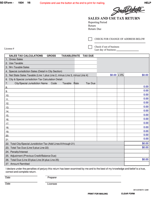 Fillable Sd Eform 1934 - Sales And Use Tax Return Printable pdf
