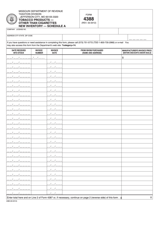 Fillable Schedule A (Form 4388) - Tobacco Products - Other Than Cigarettes New Inventory Printable pdf