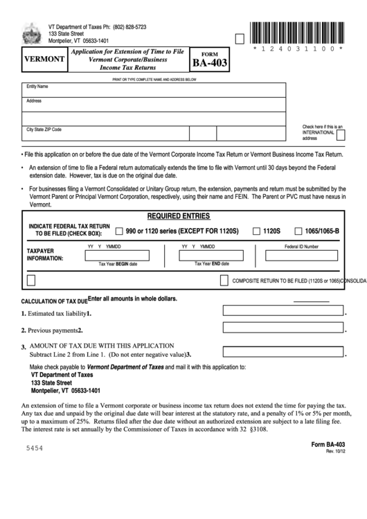 Fillable Form Ba-403 - Vermont Application For Extension Of Time To File Vermont Corporate/business Income Tax Returns Printable pdf