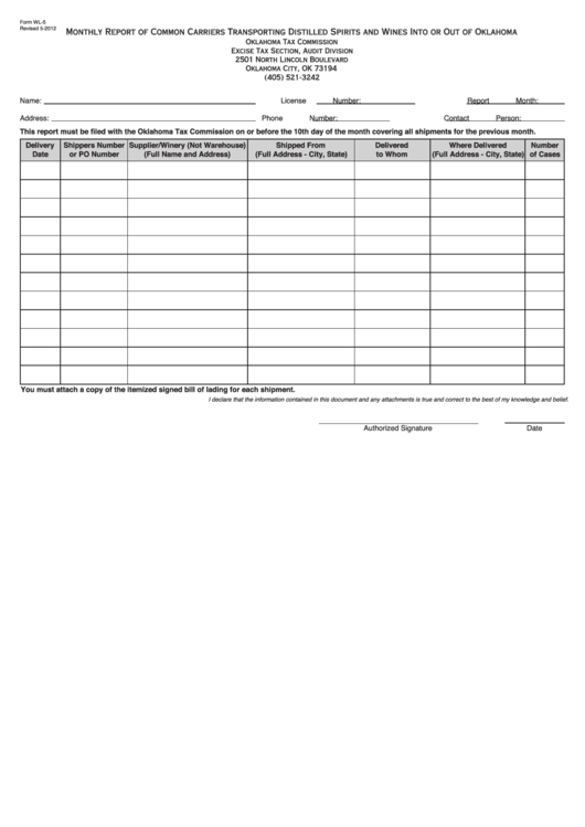 Fillable Form Wl-5 - Monthly Report Of Common Carriers Transporting Distilled Spirits And Wines Into Or Out Of Oklahoma Printable pdf