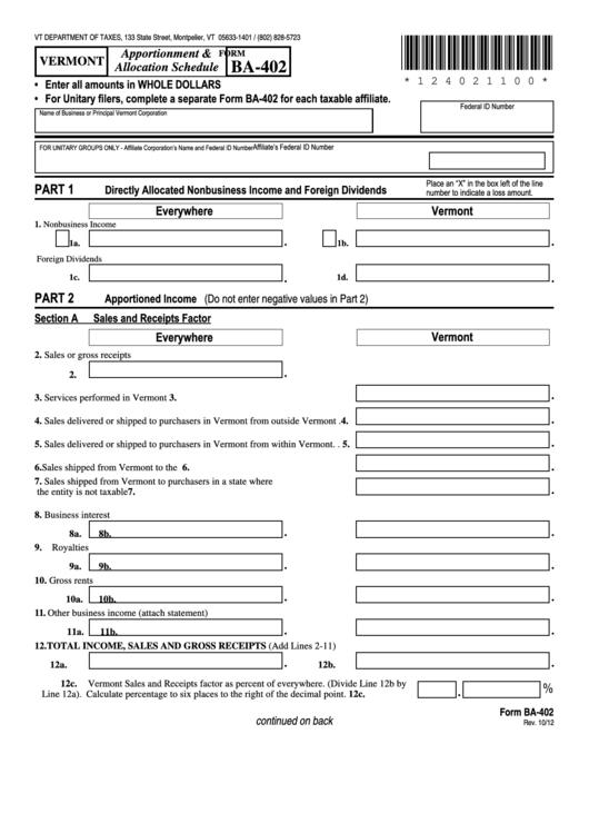 Fillable Form Ba-402 - Vermont Apportionment & Allocation Schedule Printable pdf