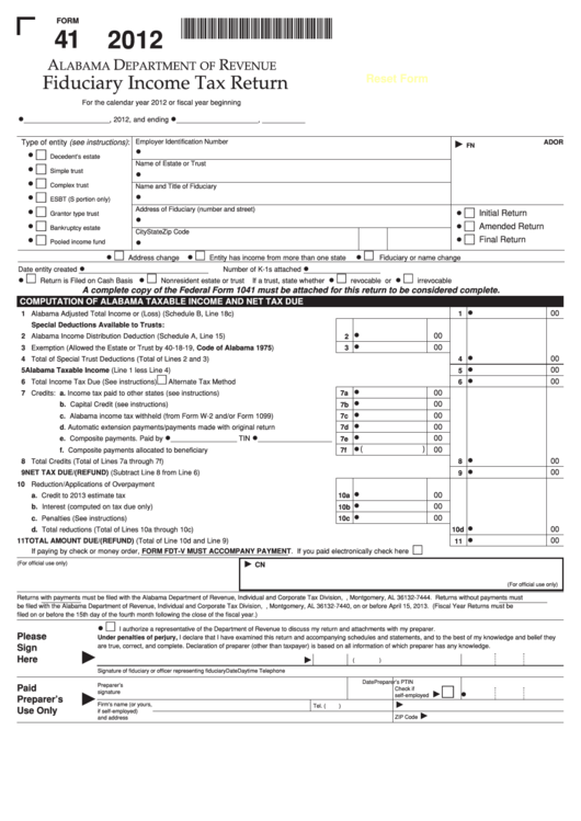 Fillable Form 41 - Fiduciary Income Tax Return - 2012 Printable pdf