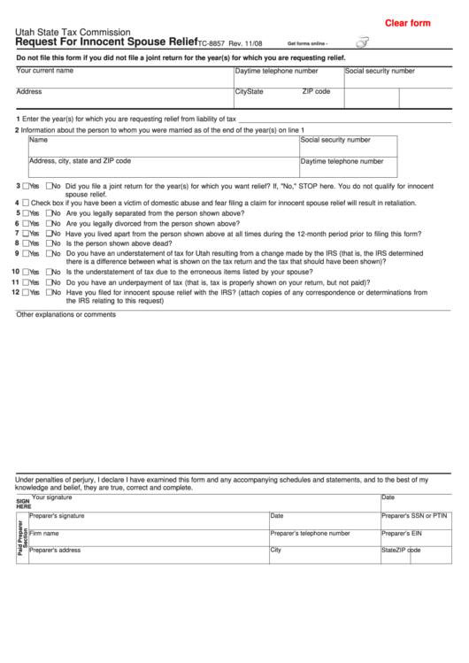 Fillable Form Tc-8857 - Request For Innocent Spouse Relief Printable pdf