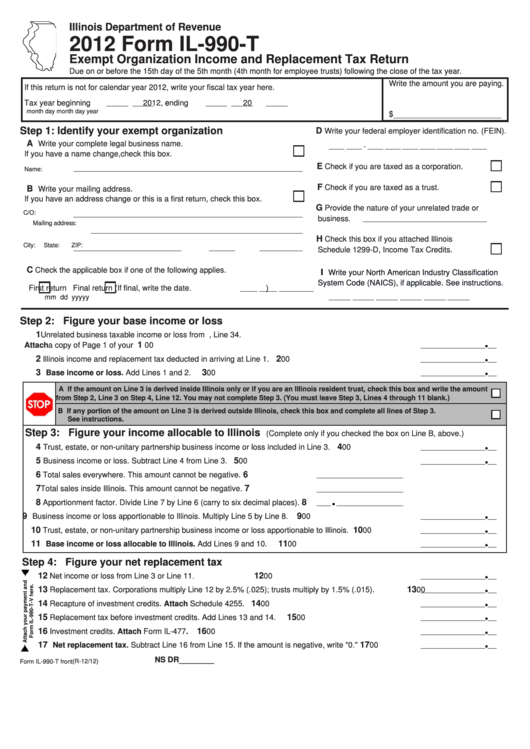 Form Il-990-T - Exempt Organization Income And Replacement Tax Return - 2012 Printable pdf