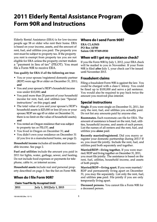 Fillable Form 90r - Oregon Elderly Rental Assistance Program - 2011 Printable pdf