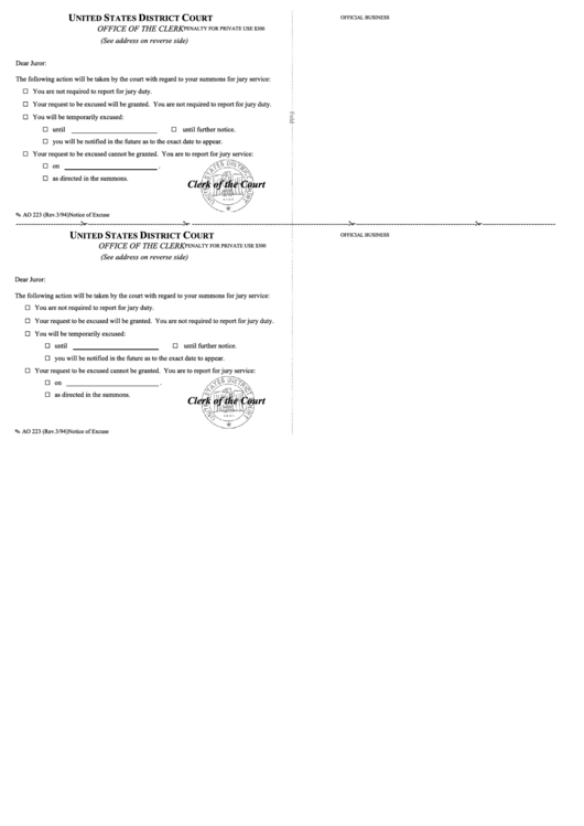Fillable Form Ao 223 - Notice Of Excuse - United States District Court Printable pdf