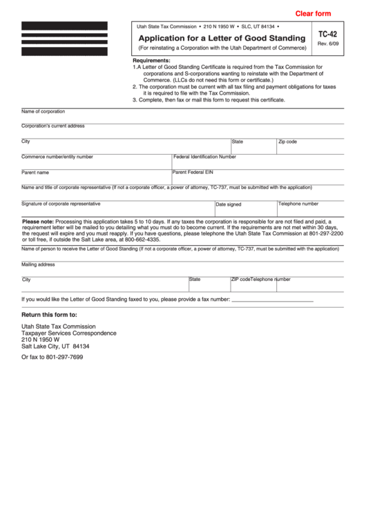 Fillable Form Tc-42 - Utah Application For A Letter Of Good Standing Printable pdf