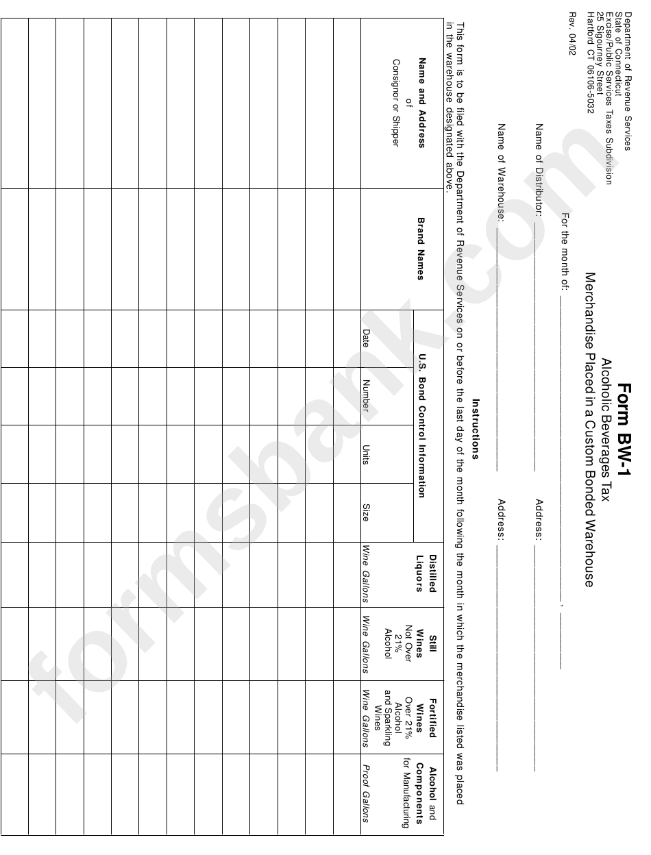 Form Bw-1 - Alcoholic Beverages Tax Merchandise Placed In A Custom Bonded Warehouse