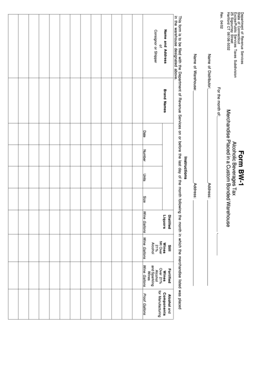 Form Bw-1 - Alcoholic Beverages Tax Merchandise Placed In A Custom Bonded Warehouse Printable pdf