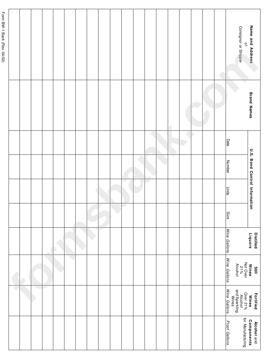 Form Bw-1 - Alcoholic Beverages Tax Merchandise Placed In A Custom Bonded Warehouse