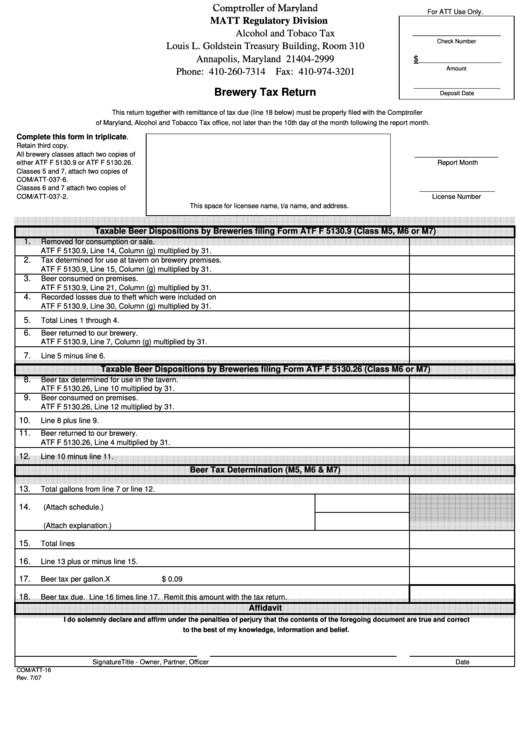 Fillable Form Com/att-16 - Brewery Tax Return Printable pdf