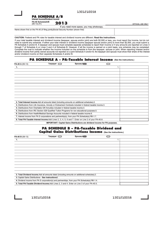 Fillable Form Pa-40 - Pa Schedule A/b - Interest Income/dividend Income - 2013 Printable pdf