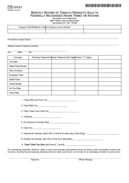 Fillable Form Tob 50003 - Monthly Return Of Tobacco Products Sold To Federally Recognized Indian Tribes Or Nations Printable pdf
