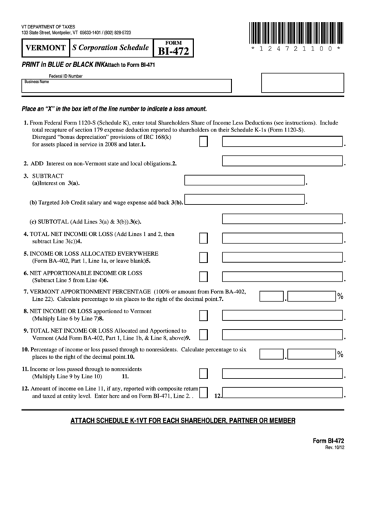 Fillable Form Bi-472 - Vermont S Corporation Schedule Printable pdf