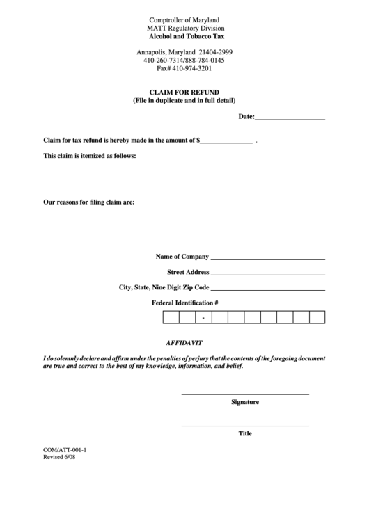 Fillable Form Com/att-001-1 - Claim For Refund Printable pdf