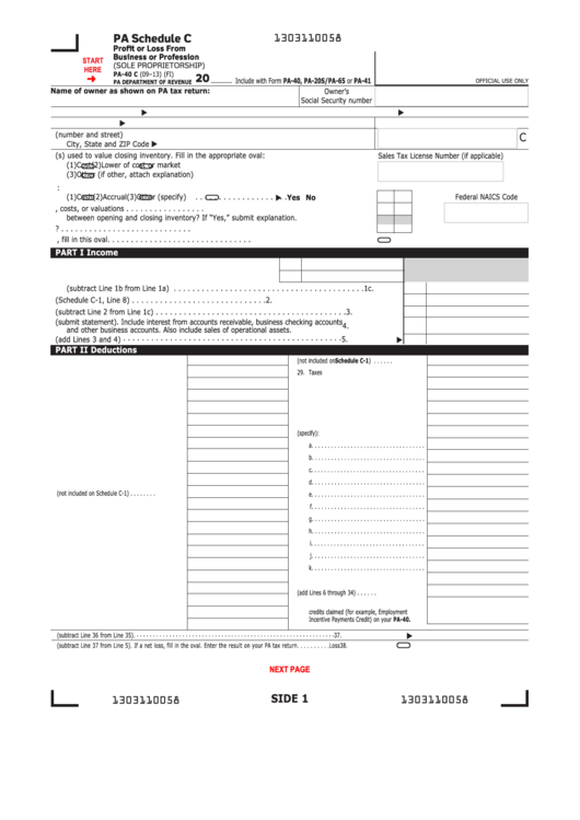Fillable Form Pa-40 C - Pa Schedule C - Profit Or Loss From Business Or Profession (Sole Proprietorship) Printable pdf