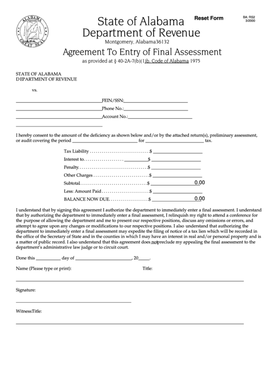 Fillable Form Ba: Rs2 - Agreement To Entry Of Final Assessment Printable pdf