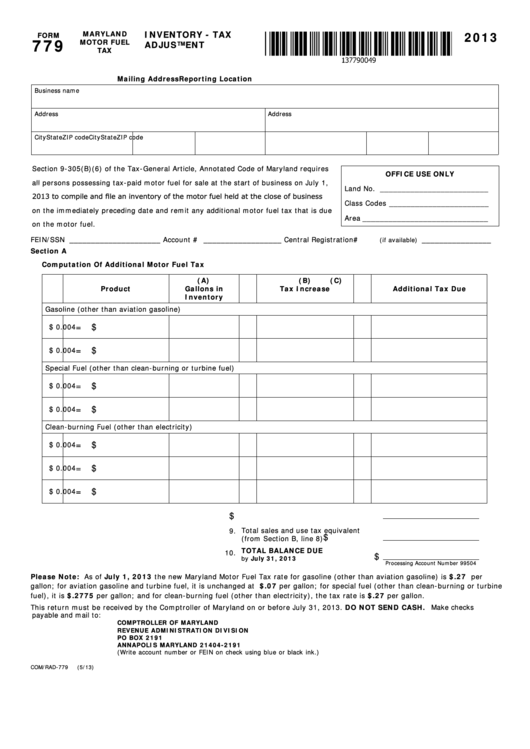 Fillable Form 779 - Inventory - Tax Adjustment - 2013 Printable pdf