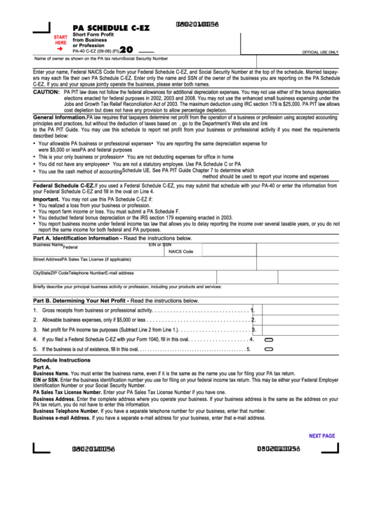 Fillable Form Pa-40 C-Ez - Pa Schedule C-Ez - Short Form Profit From Business Or Profession Printable pdf
