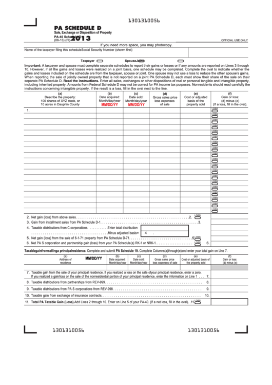 Fillable Form Pa-40 - Pa Schedule D - Sale, Exchange Or Disposition Of Property - 2013 Printable pdf