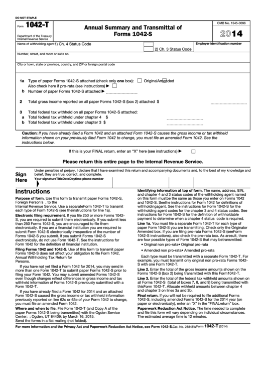 Form 1042-t - Annual Summary And Transmittal Of Forms 1042-s - 2014