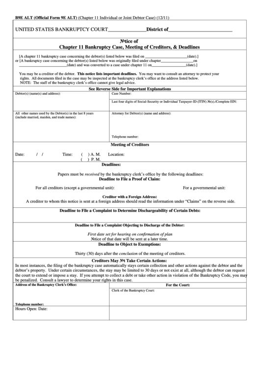 Form B9e Alt - Notice Of Chapter 11 Bankruptcy Case, Meeting Of Creditors, Deadlines - United States Bankruptcy Court Printable pdf