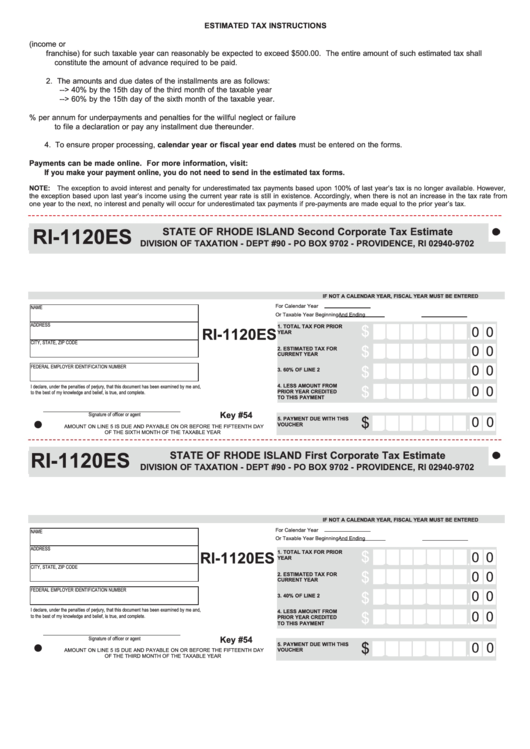 Fillable Form Ri-1120es - State Of Rhode Island Second Corporate Tax Estimate Printable pdf