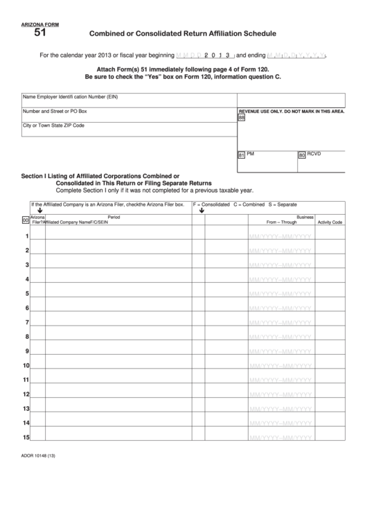 Fillable Arizona Form 51 - Combined Or Consolidated Return Affiliation Schedule Printable pdf
