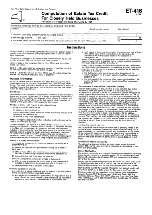Form Et-416 - Computation Of Estate Tax Credit For Closely Held Businesses Printable pdf